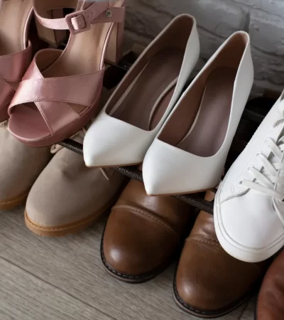 Colección de zapatos en estante, incluyendo sandalias rosas, tacones blancos, botas de gamuza, zapatos marrones y zapatillas blancas. Ideal para mostrar variedad de estilos de calzado.